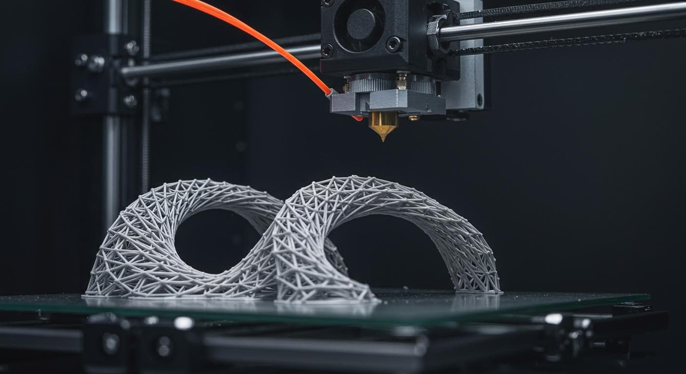 Close-up of a 3D printer extruding filament to form a curved structure