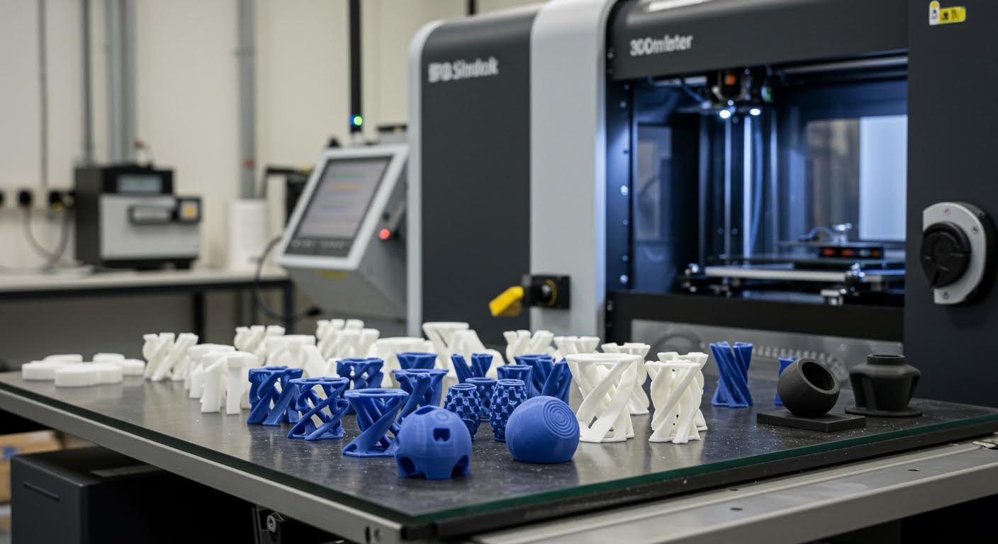 Array of finished 3D-printed objects on a build platform