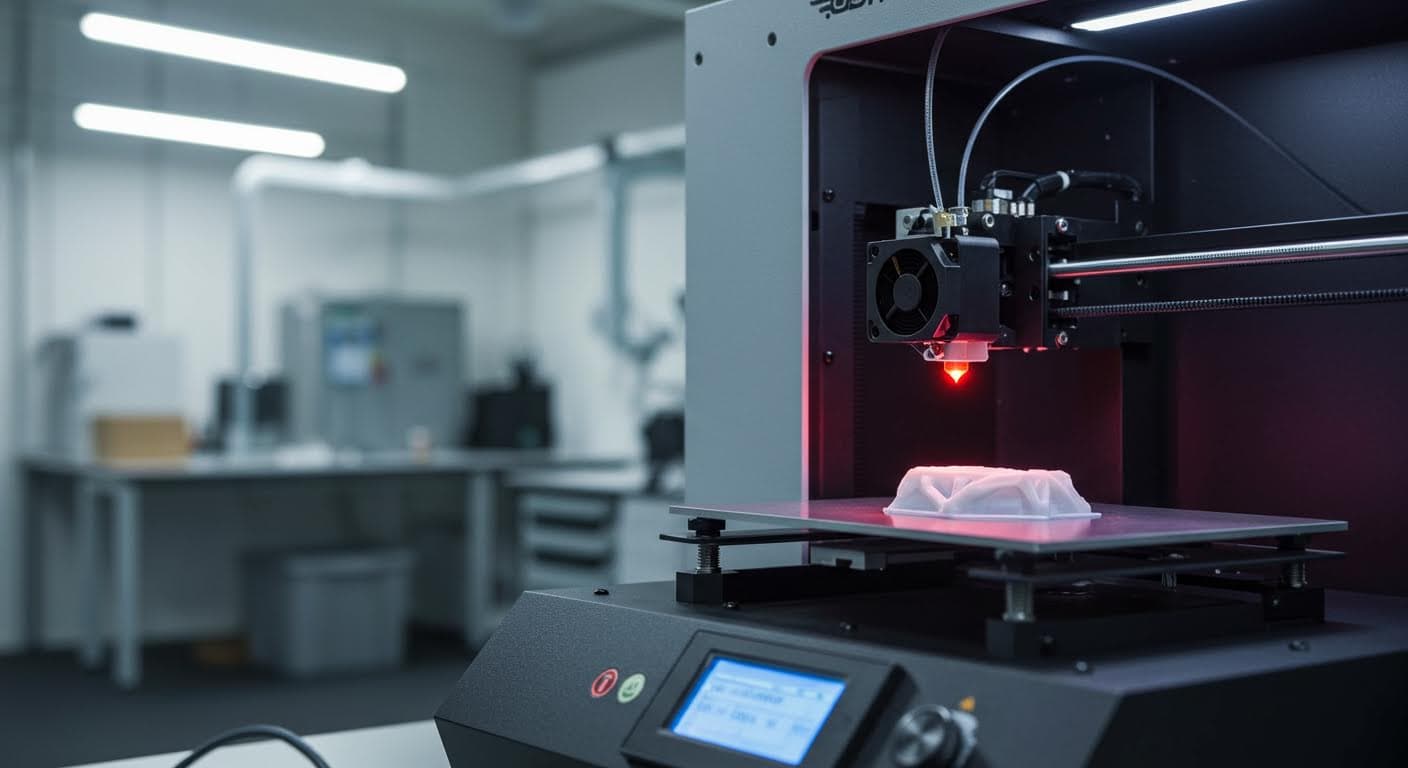 Desktop 3D printer in operation with glowing nozzle