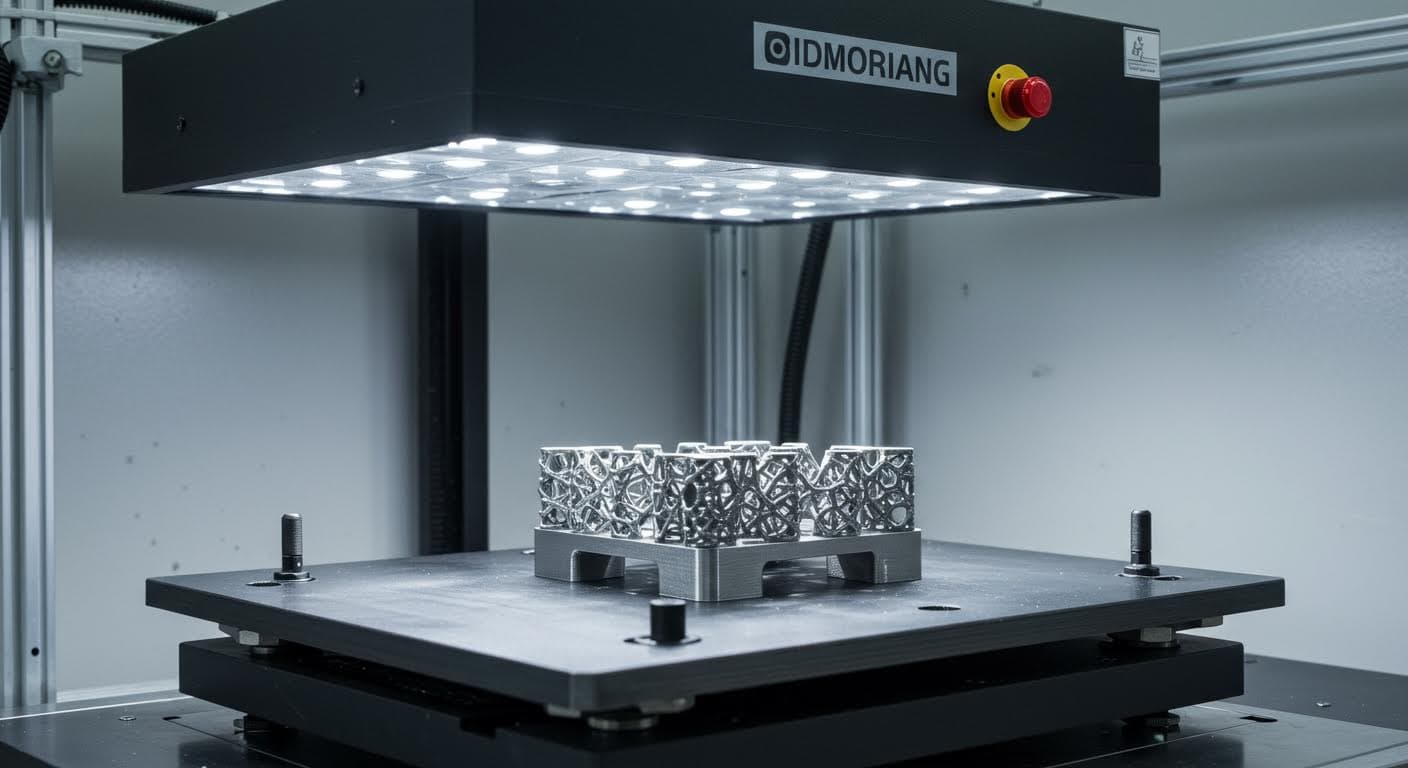 Metallic 3D-printed component under inspection light