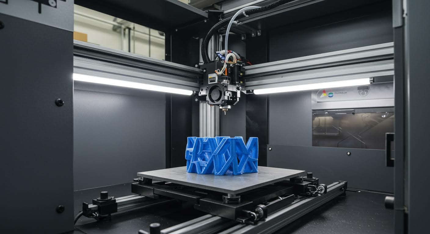 Nahaufnahme eines 3D-Druckers beim schichtweisen Aufbau eines dreidimensionalen Objekts aus Kunststoff