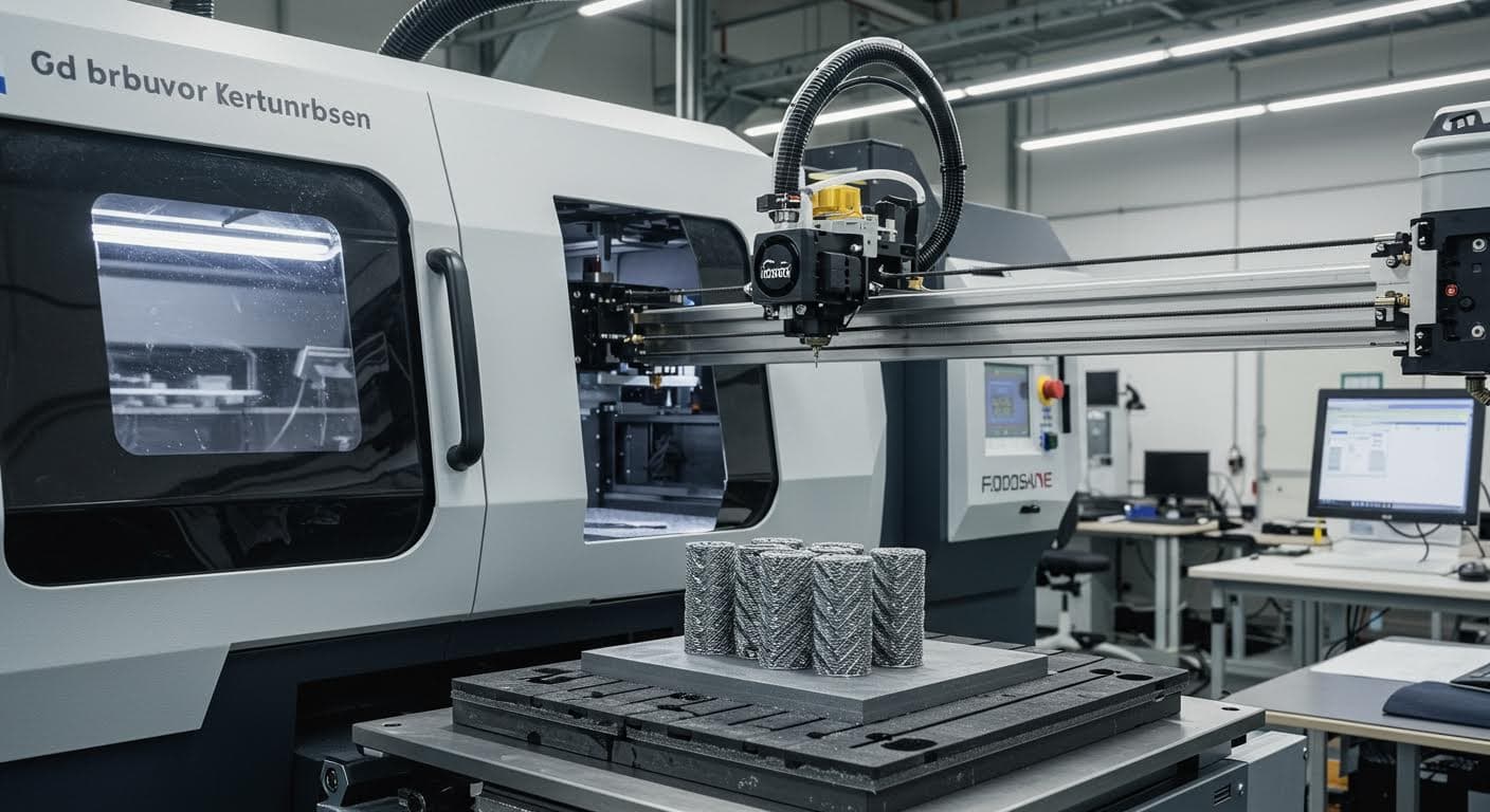 Industrieller 3D-Drucker in Aktion mit metallischem Pulver für präzise Komponenten