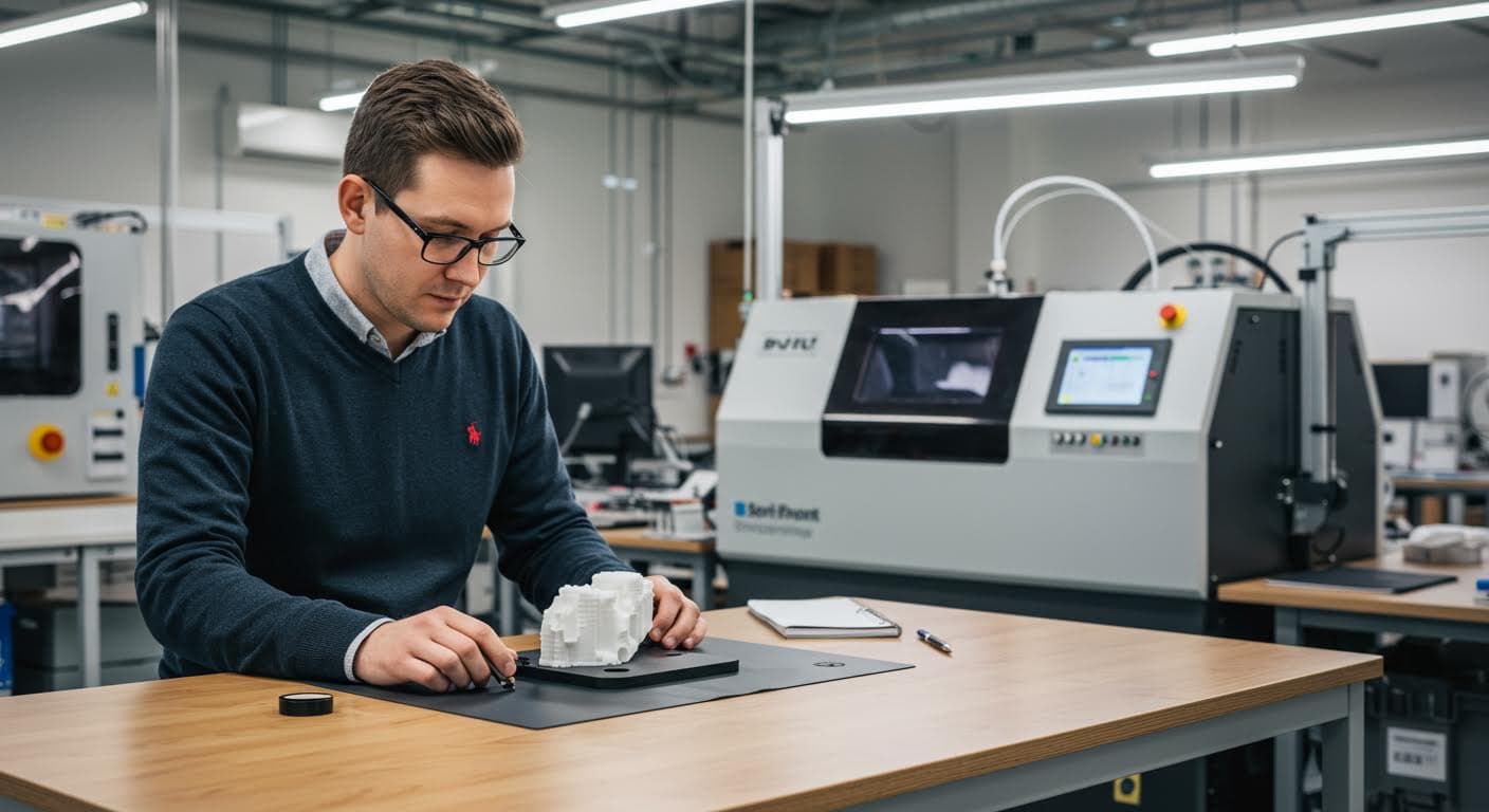 Fertiges 3D-gedrucktes Objekt auf einem Tisch in einer Fabrikumgebung