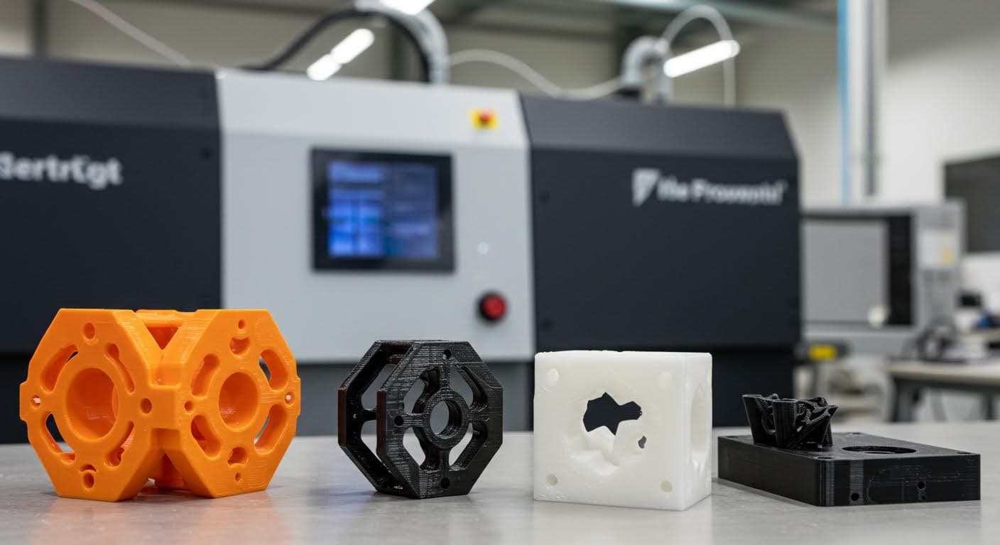 Mehrere 3D-gedruckte Prototypen in verschiedenen Materialien nebeneinander