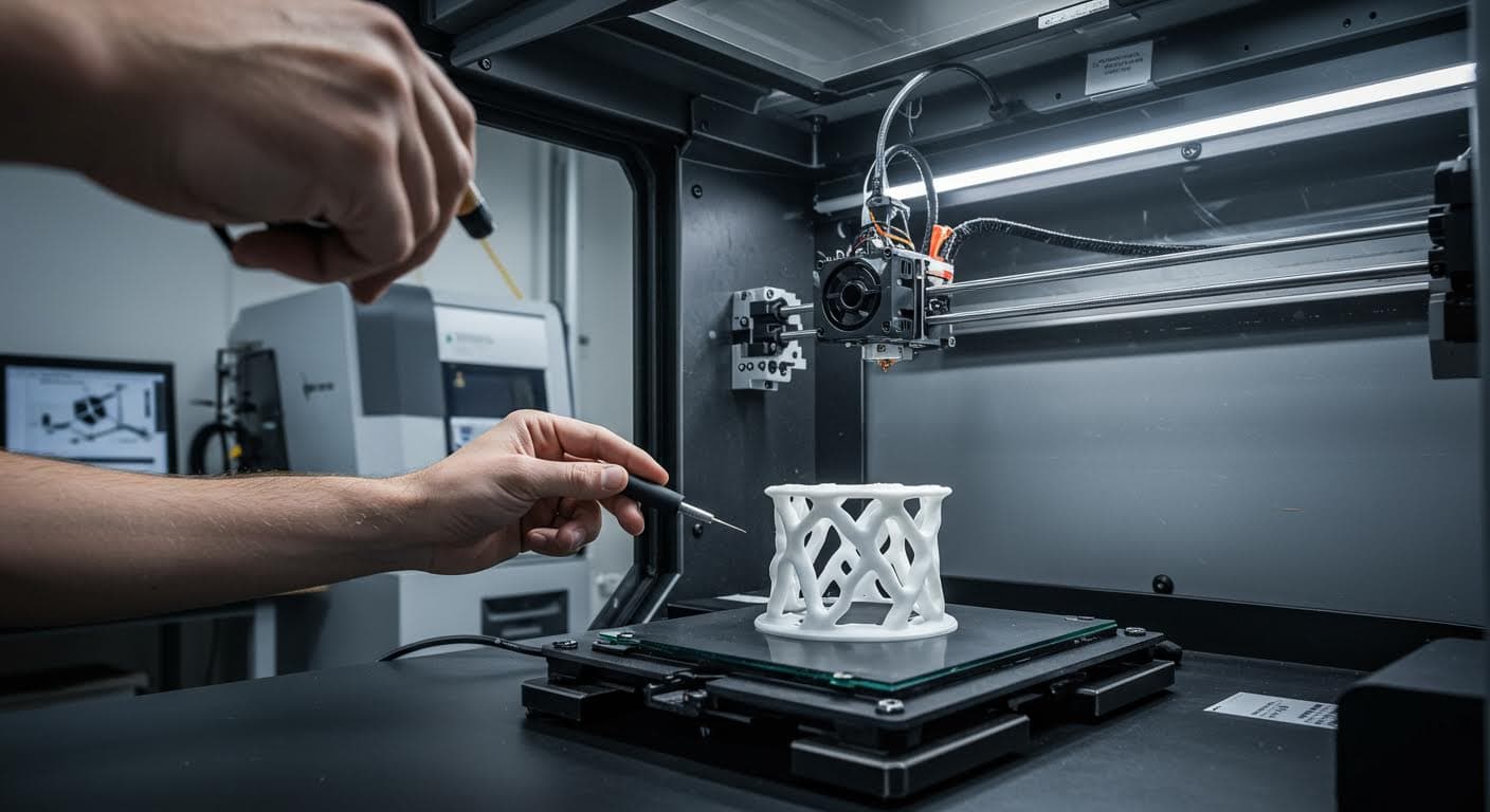 High-Tech-Druckkopf beim Extrudieren von Filament in einem modernen Labor