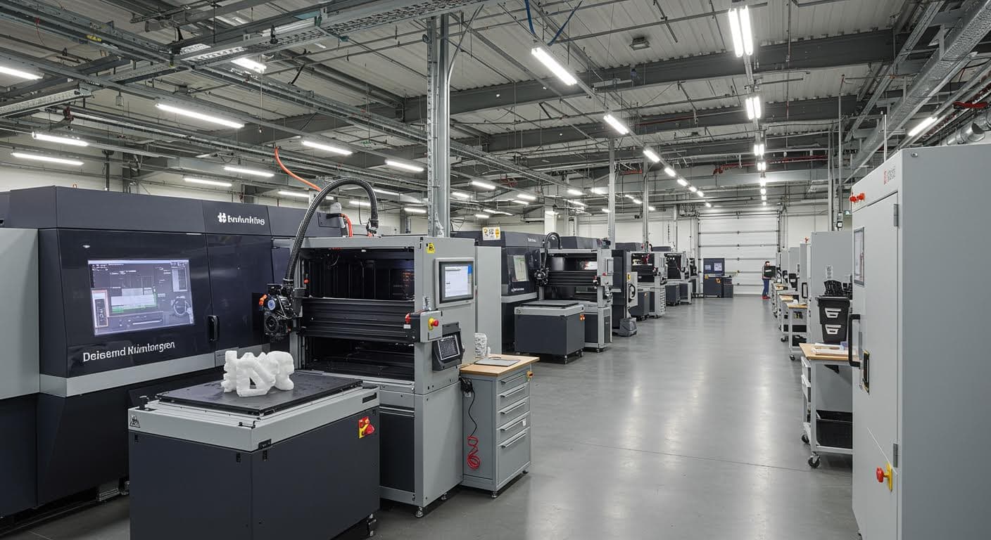 Industrieanlage mit mehreren 3D-Druckern in einem großen Hallenraum
