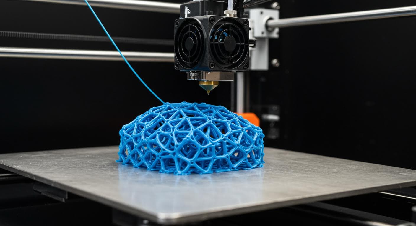 Close-up of a 3D printer head extruding blue filament onto a metallic build plate, forming a intricate lattice structure in progress