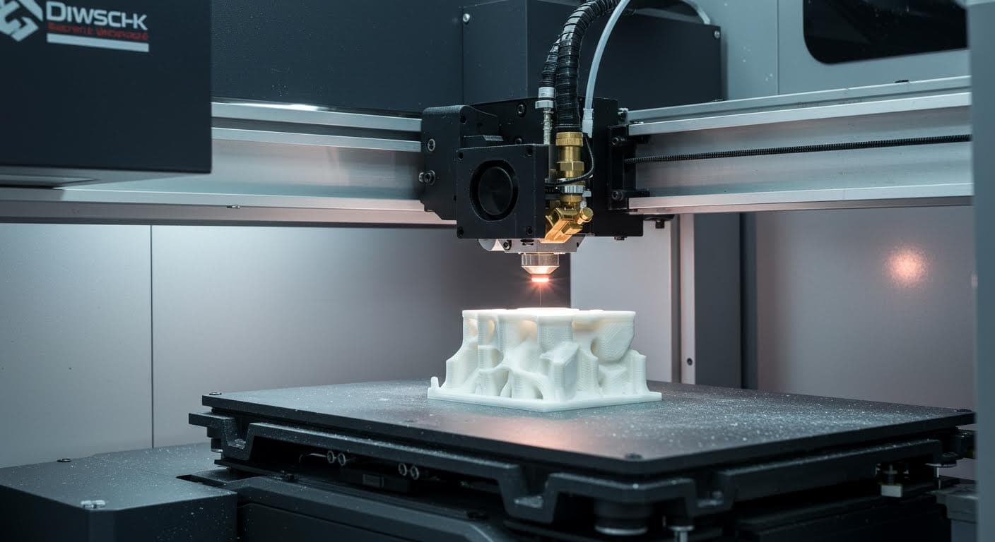 Industrial SLS printer in operation, with laser beam sintering white powder into a solid component inside a chamber