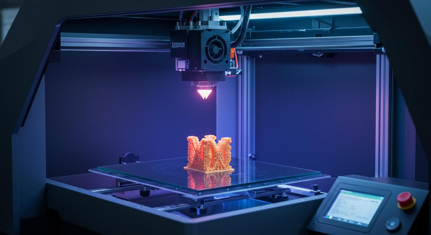 High-resolution SLA printer curing liquid resin with UV light, showing detailed miniature model emerging from the vat