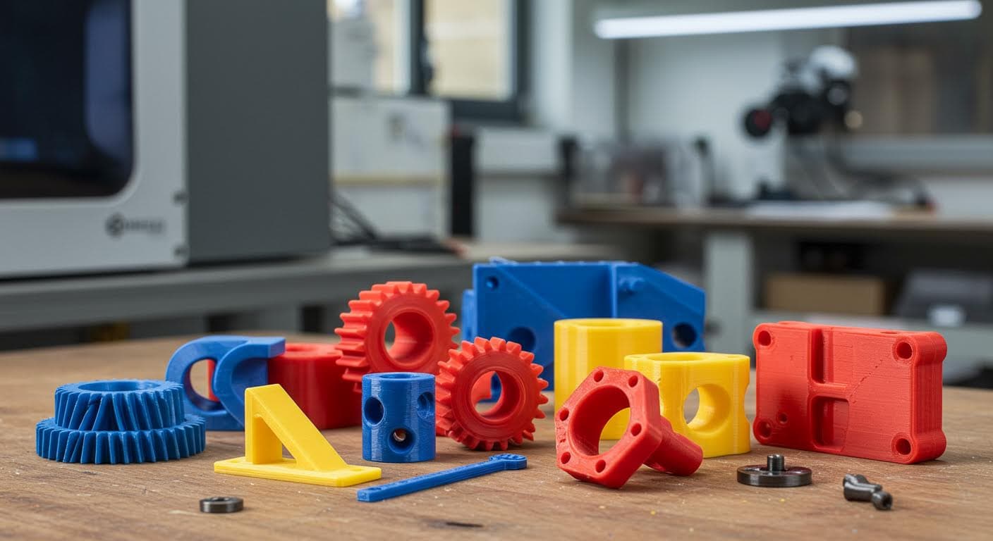 Array of colorful 3D-printed prototypes on a workshop table, including gears, brackets, and custom shapes