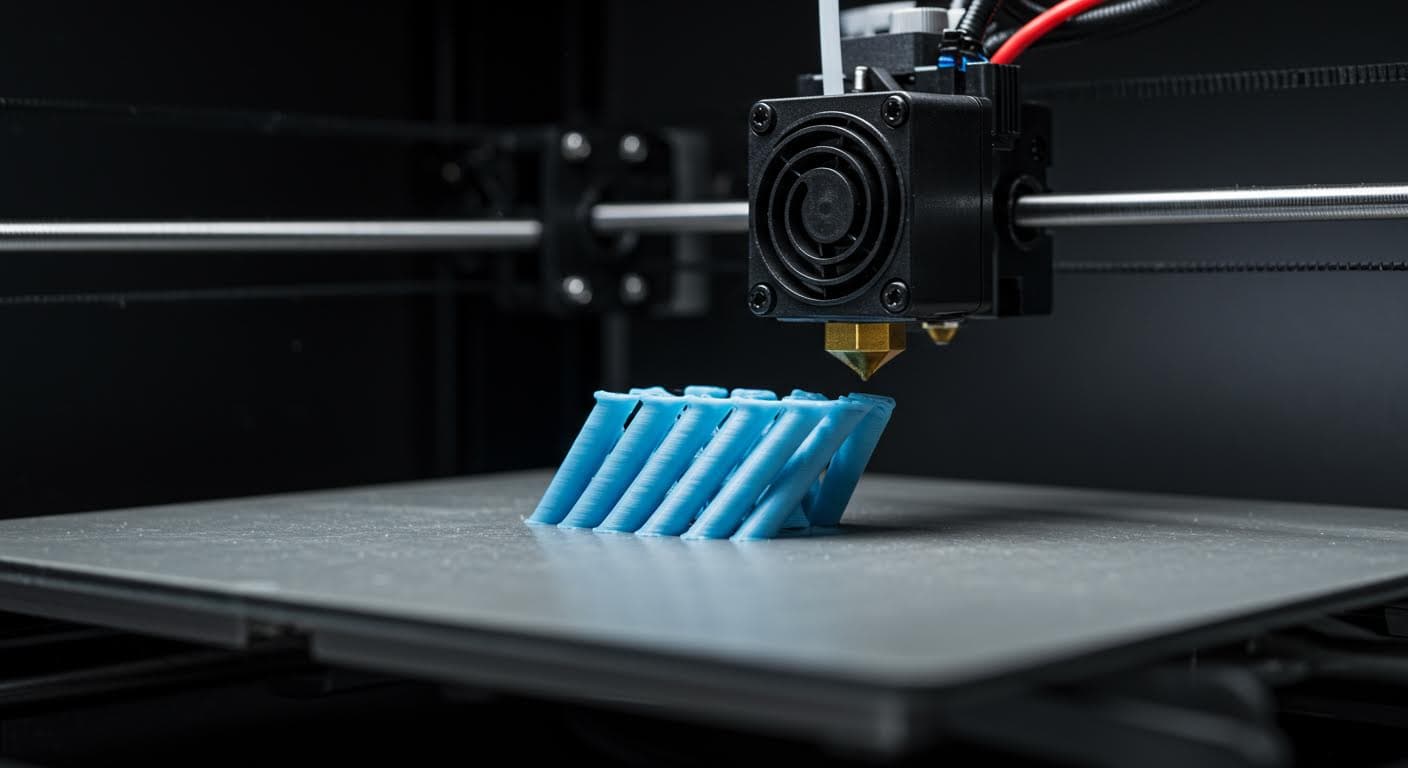 Close-up of a 3D printer nozzle extruding translucent PLA filament onto a build plate in an industrial workshop