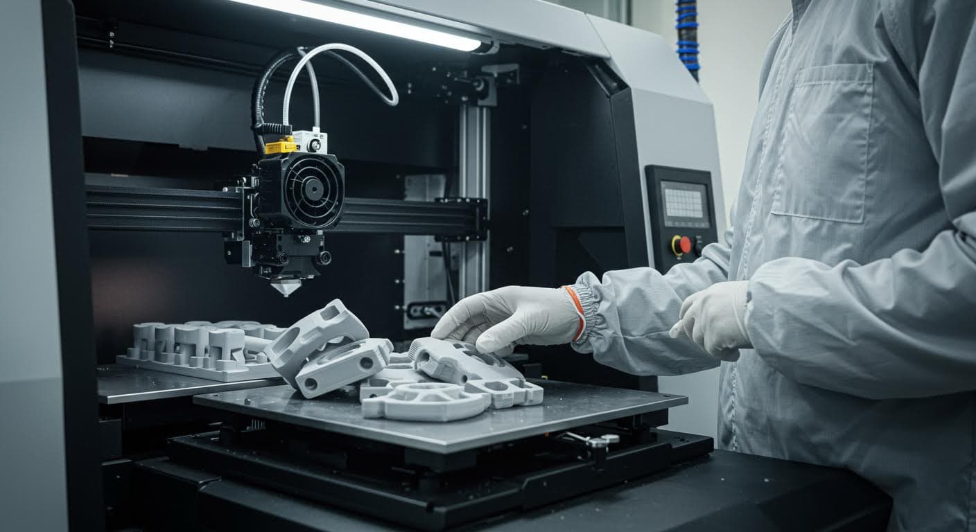 High-resolution image of sintered ceramic components emerging from a 3D printing machine in a clean lab environment