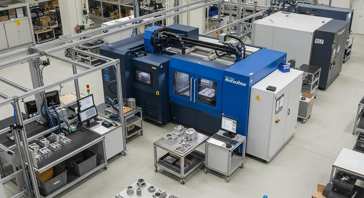 Aerial view of advanced 3D printing equipment in a modern factory setting with metallic parts being produced