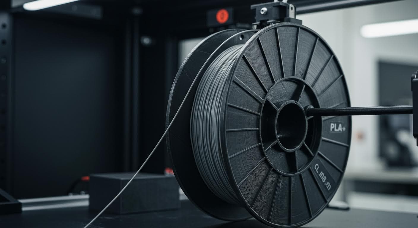 Detailed shot of fiber-reinforced PLA+ filament spool unwinding during the printing process
