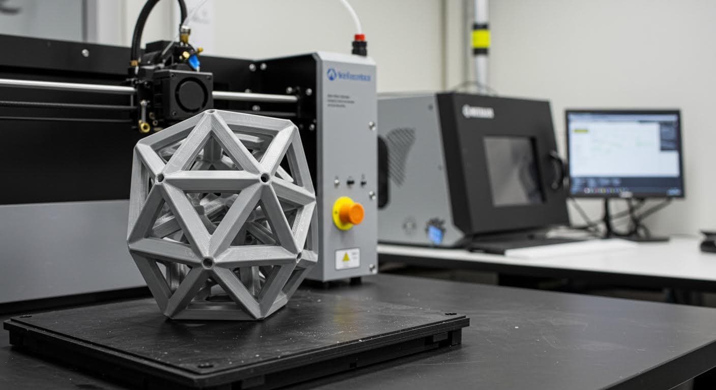 Professional photograph of complex geometric structures printed in zirconia ceramic material