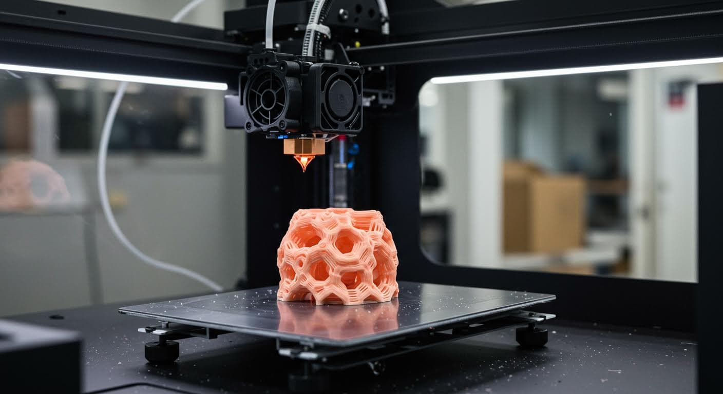 Hochauflösendes Foto eines FDM-3D-Druckers beim Verarbeiten von PLA-Filament, fokussiert auf die Düse und das entstehende Objekt, professionelle Industriefotografie ohne Text.