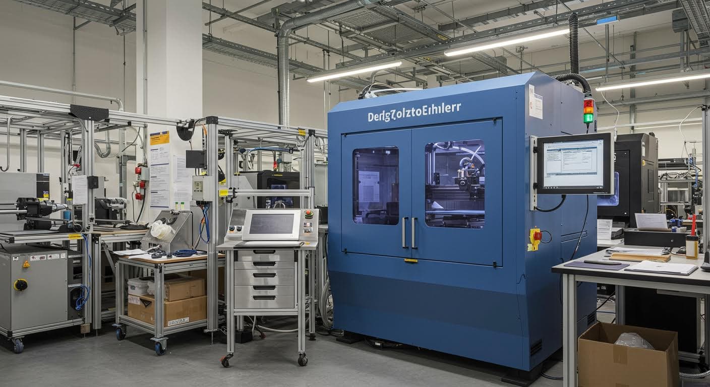 Visuelle Darstellung einer industriellen Anlage in Baden-Württemberg mit 3D-Druck-Equipment, reine Technologieansicht ohne Beschriftungen.