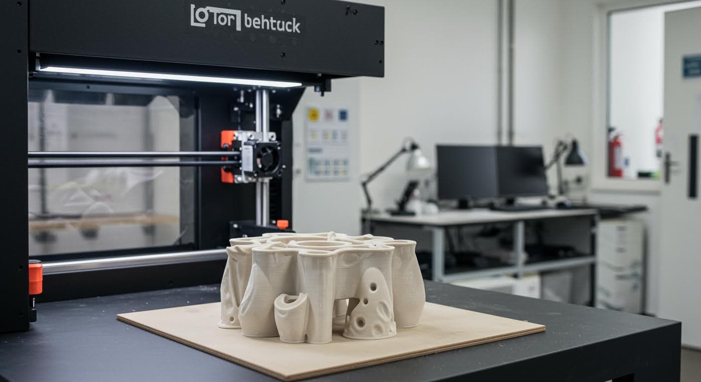 Nahaufnahme eines gedruckten Prototypen aus Keramik, betont die Oberflächenstruktur und Härte, magazin-taugliche Qualität.