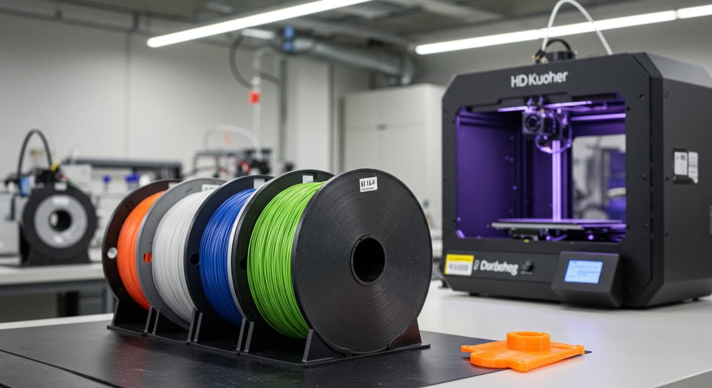 Bild von innovativen Filamentrollen wie PLA+ und HT-PLA, arrangiert in einem Laborumfeld, ohne jegliche Schrift.
