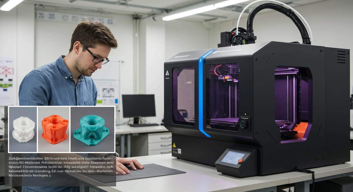 Zukunftsweisende Szene mit Multimaterial-3D-Druck, zeigt Schichten verschiedener Materialien, hochauflösend und textfrei.