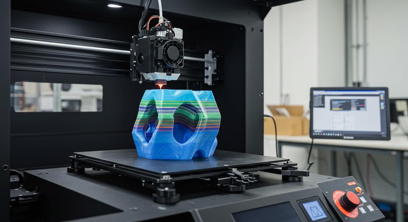 Hochauflösendes Foto eines FDM-3D-Druckers in Aktion, der ein komplexes PLA-Objekt schichtweise aufbaut, industrielle Umgebung ohne jegliche Texte