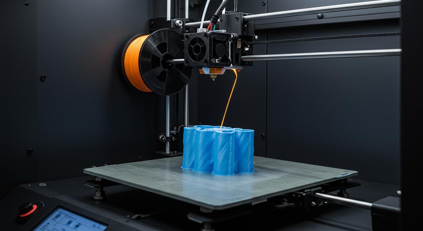 High-resolution industrial photo of a FDM 3D printer extruding PLA filament onto a build plate, showing molten material flow in a clean workshop environment