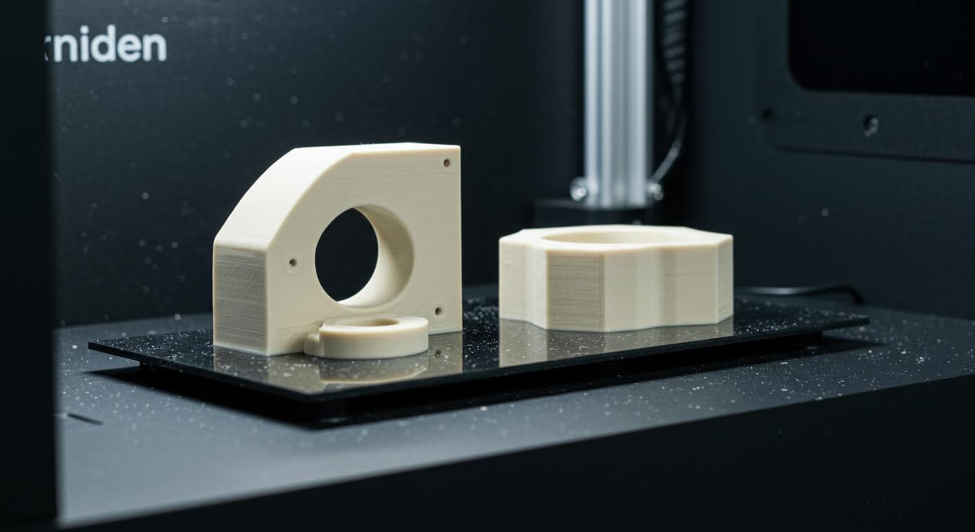 Nahaufnahme von gesinterten Keramik-Teilen aus dem 3D-Druck, auf einem Prüfstand platziert, professionelle Beleuchtung, reine visuelle Darstellung