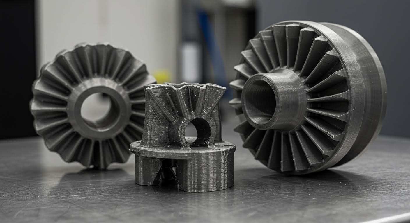 Professional close-up image of sintered ceramic 3D-printed turbine components on a metallic surface, highlighting smooth textures and geometric complexity