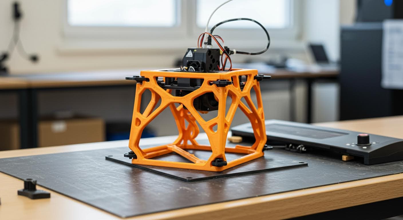 Drohnenrahmen aus faserverstärktem PLA+ Material, frisch gedruckt und auf einer Werkbank liegend, hohe Auflösung, kein Text