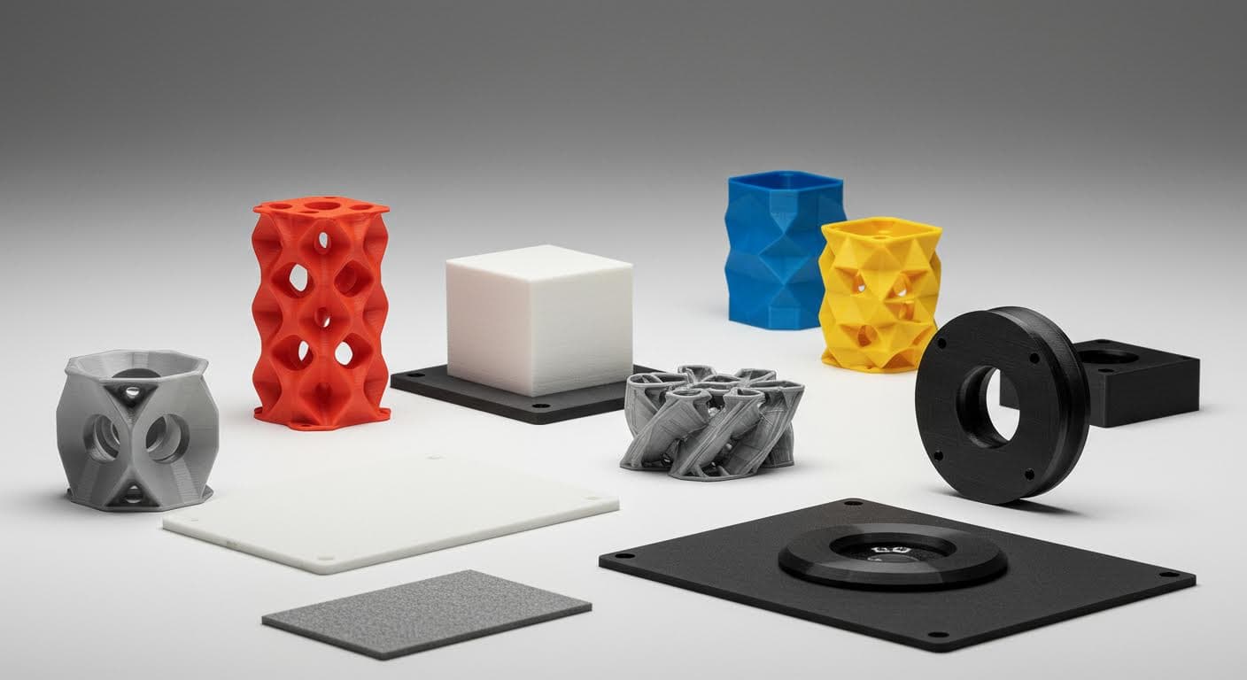 Magazin-quality photograph of various 3D-printed prototypes made from PLA, PLA+, and hybrid materials arranged on a white background, emphasizing material differences