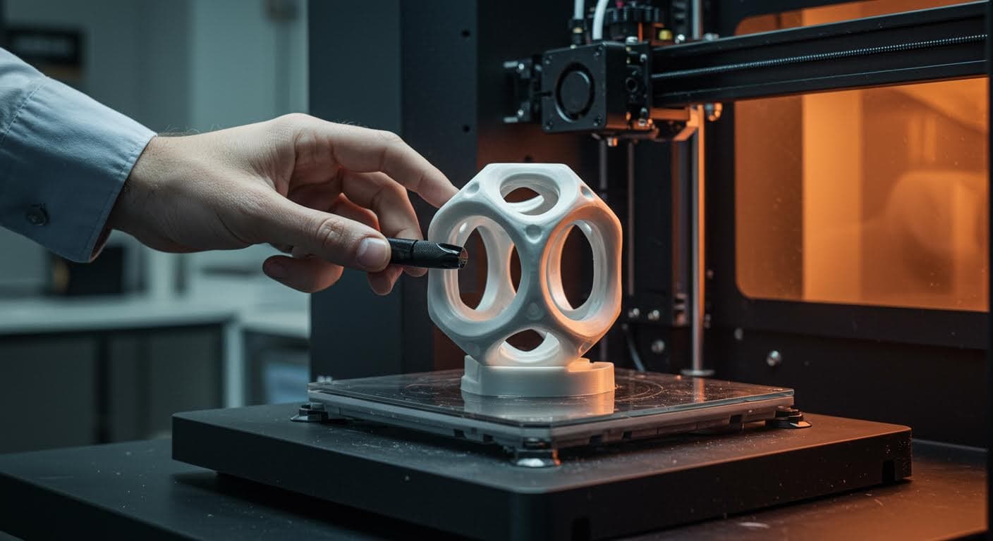 Innovatives 4D-Druck-Objekt, das sich unter Hitze verformt, in einer Testkammer, magazinqualität, ohne Beschriftungen