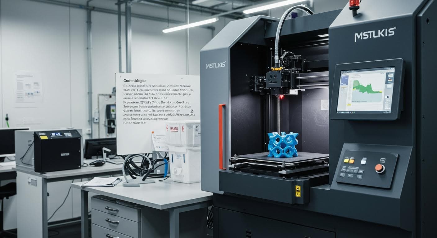 High-definition shot of an advanced SLS 3D printer in operation, with laser sintering powder in a high-tech lab setting