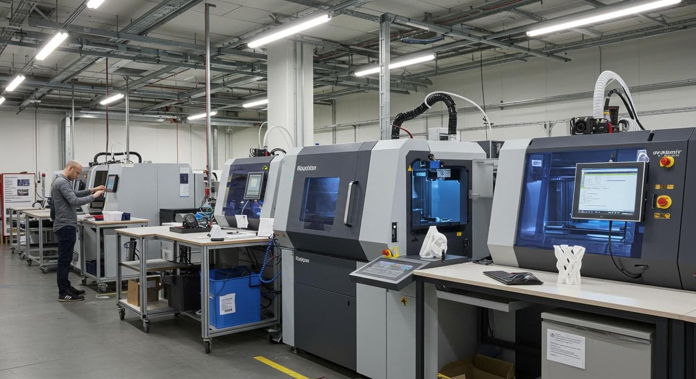 Industrielle 3D-Druck-Anlage mit mehreren Druckern in einer Fertigungshalle, Fokus auf Technologie, hochauflösend, textfrei