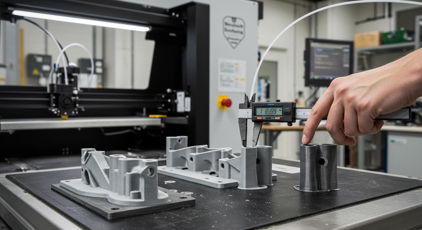Detailed image of finished 3D-printed parts from keramik and composites being inspected with calipers in an industrial quality control area
