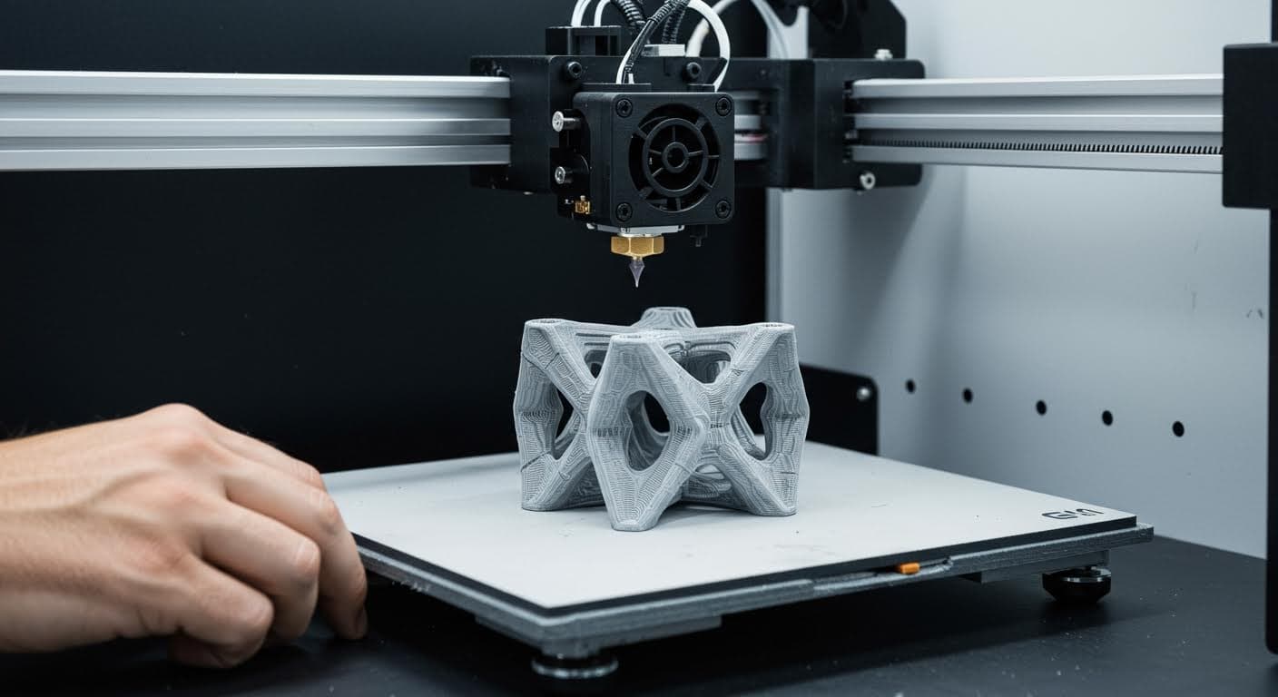 Professionelle Industriefotografie eines FDM-3D-Druckers, der ein komplexes Objekt aus PLA-Filament aufbaut, in hoher Auflösung, ohne jeglichen Text oder Logos, Fokus auf das Equipment und das entstehende Produkt.