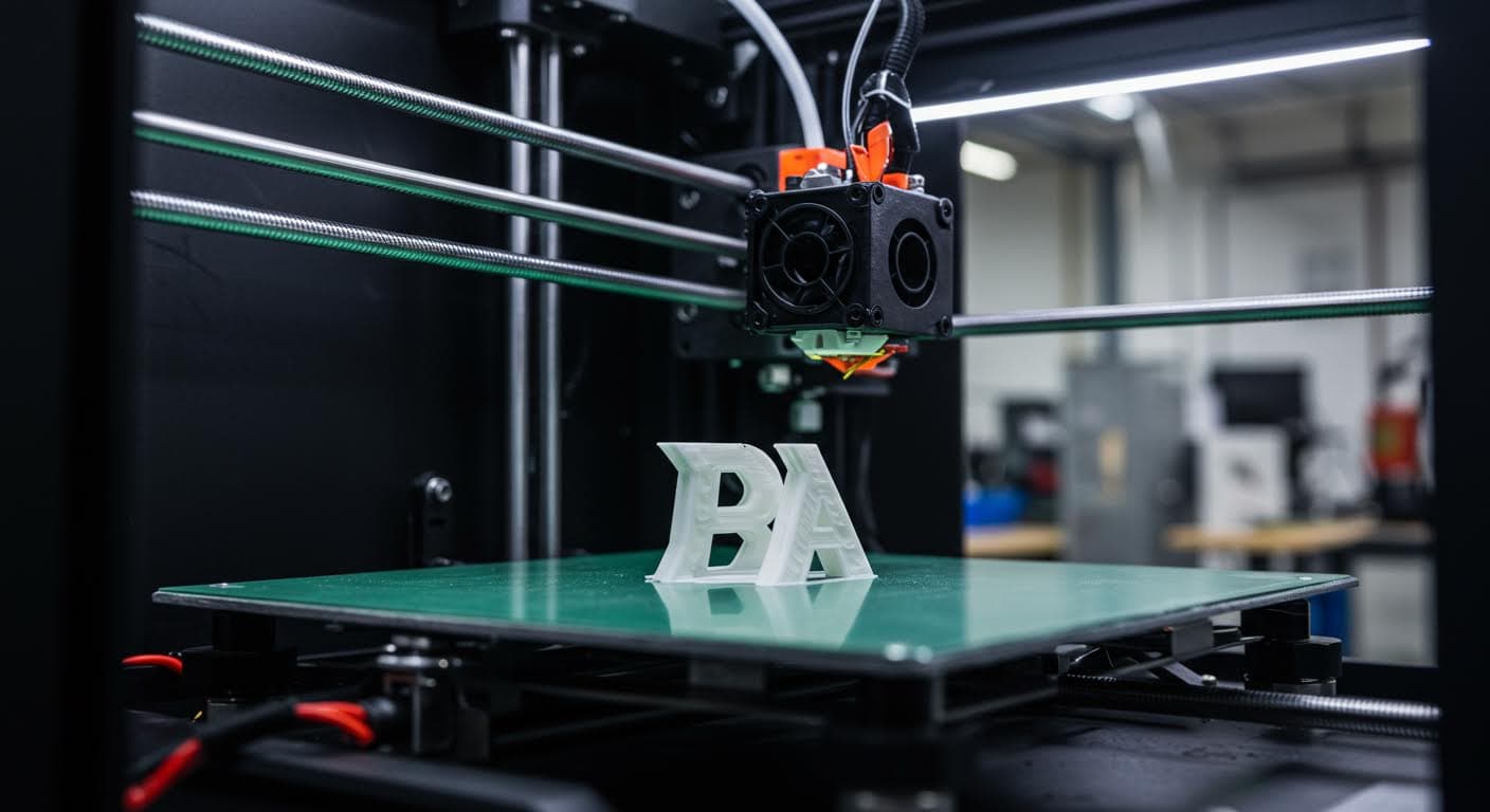 Close-up of a 3D printer extruding PLA filament in an industrial workshop