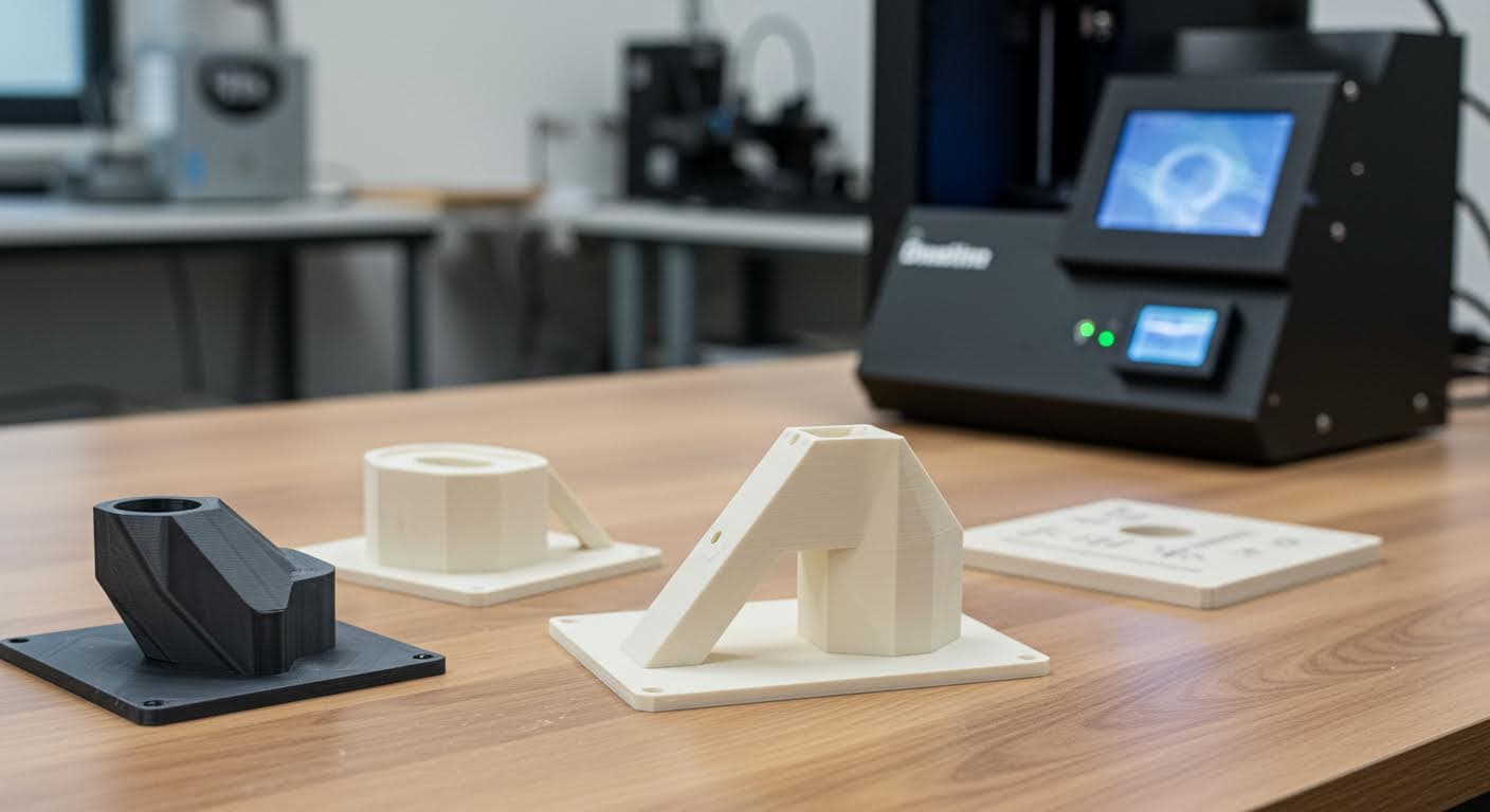 Hochauflösendes Foto von mehreren 3D-gedruckten Keramik-Teilen auf einem Arbeitstisch, reine visuelle Darstellung der Technologie, magazin-taugliche Qualität, ohne Schriften.