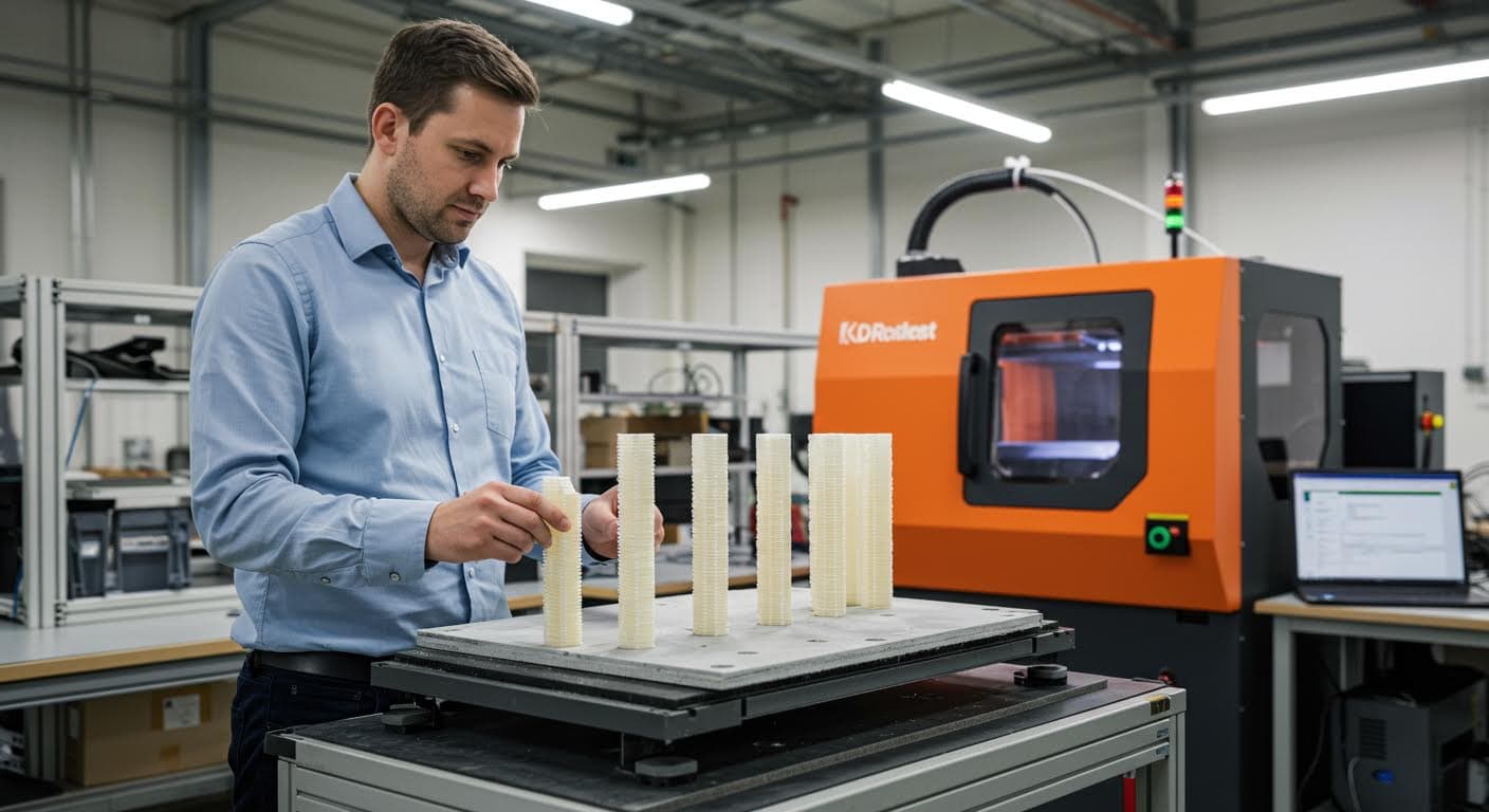 Visuelle Abbildung faserverstärkter 3D-gedruckter Komponenten, wie Drohnen-Teile, in industrieller Szene, professionell beleuchtet, kein Text im Bild.