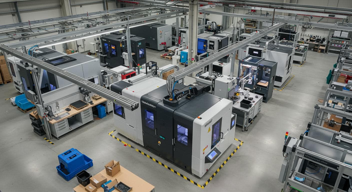 Aerial view of a manufacturing facility with 3D printers in operation