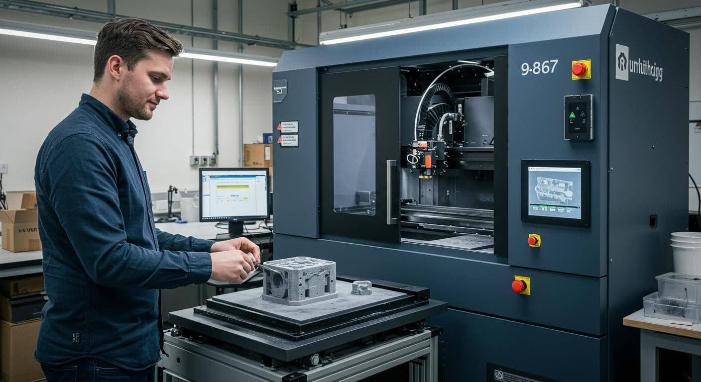 Industriefotografie eines SLS-3D-Druckers im Betrieb mit Pulvermaterial, Fokus auf den Druckprozess und Ergebnisse, hochauflösend, ohne Beschriftungen.