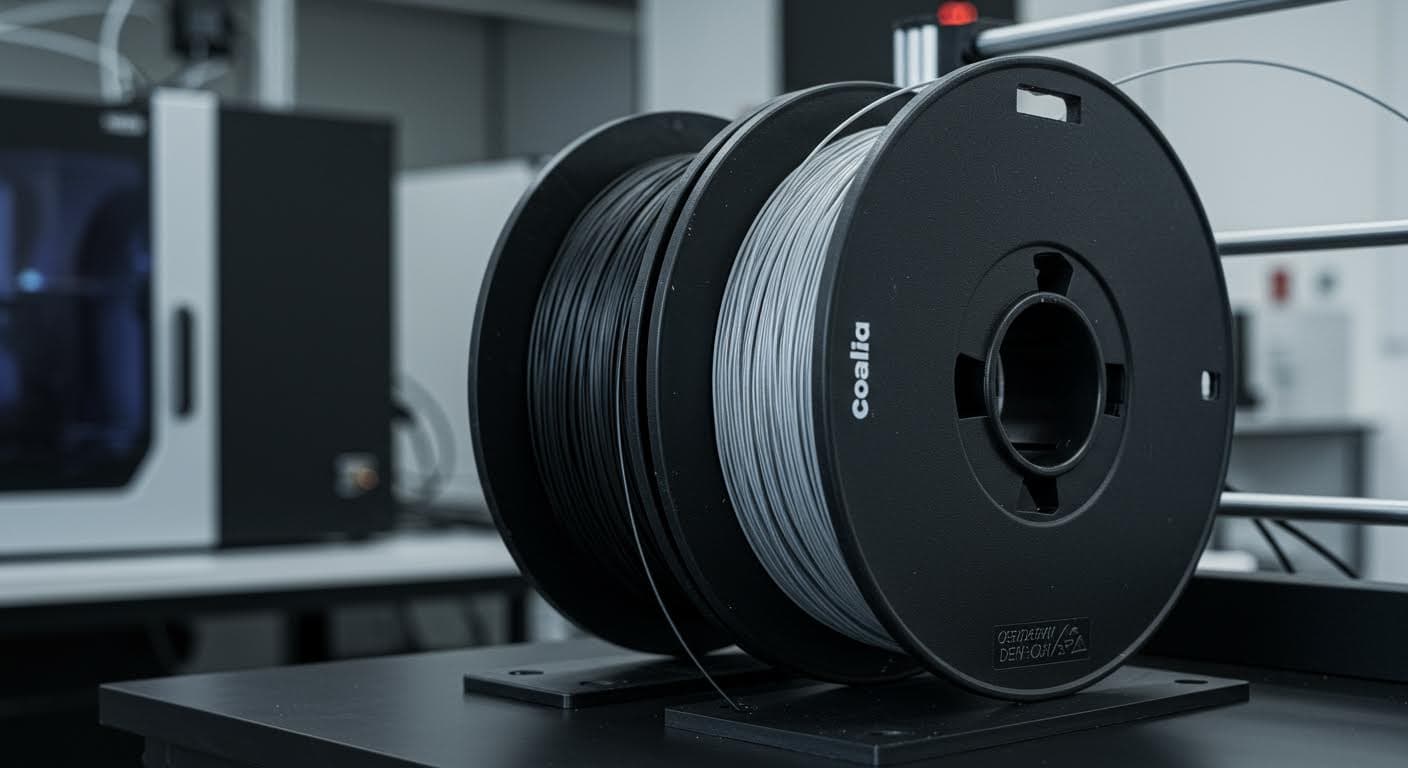 Detailed shot of fiber-reinforced filament spools in a lab setting