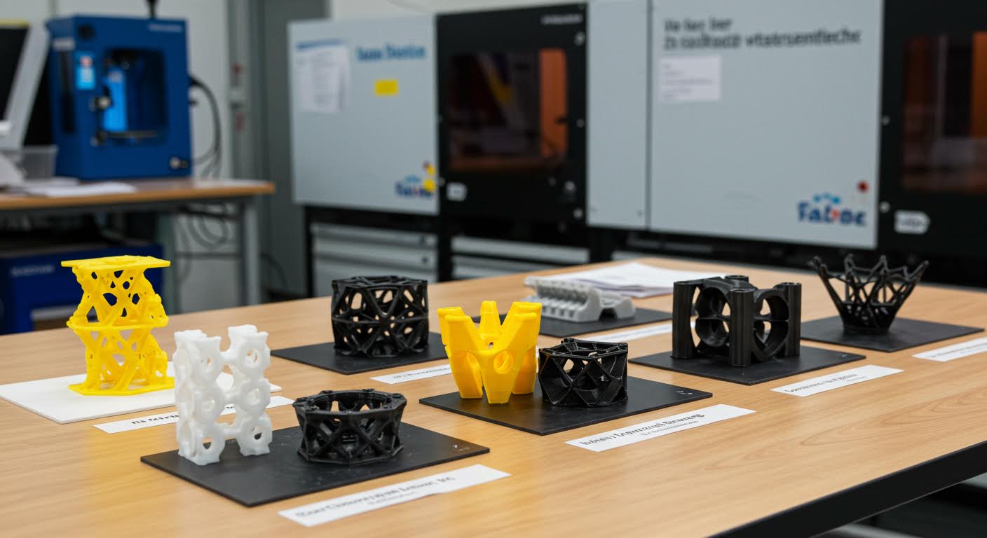 Prototype models printed in various materials displayed on a table
