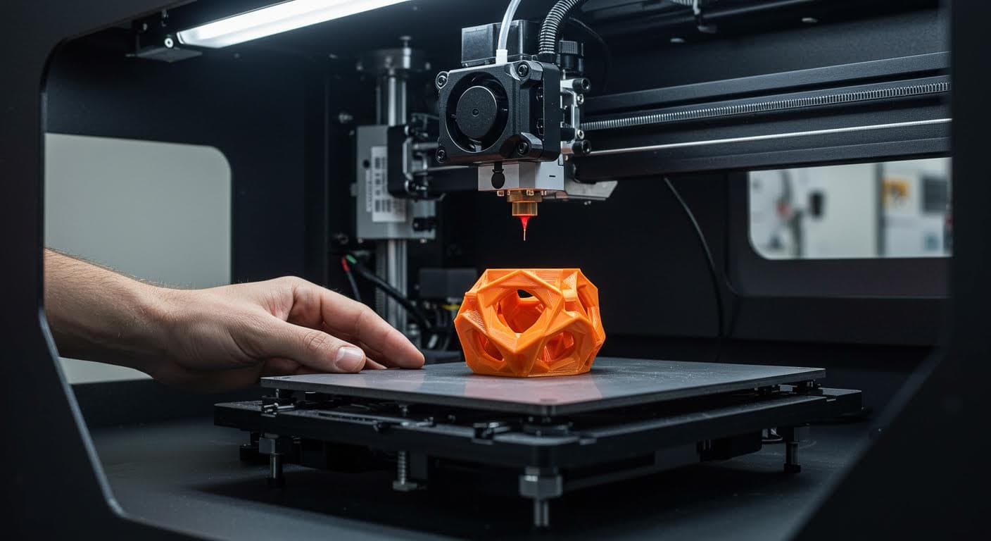 Hochauflösende Fotografie eines industriellen 3D-Druckers in Aktion, der ein geometrisches Modell schichtweise aufbaut, mit Fokus auf das Druckbett und das Filament.