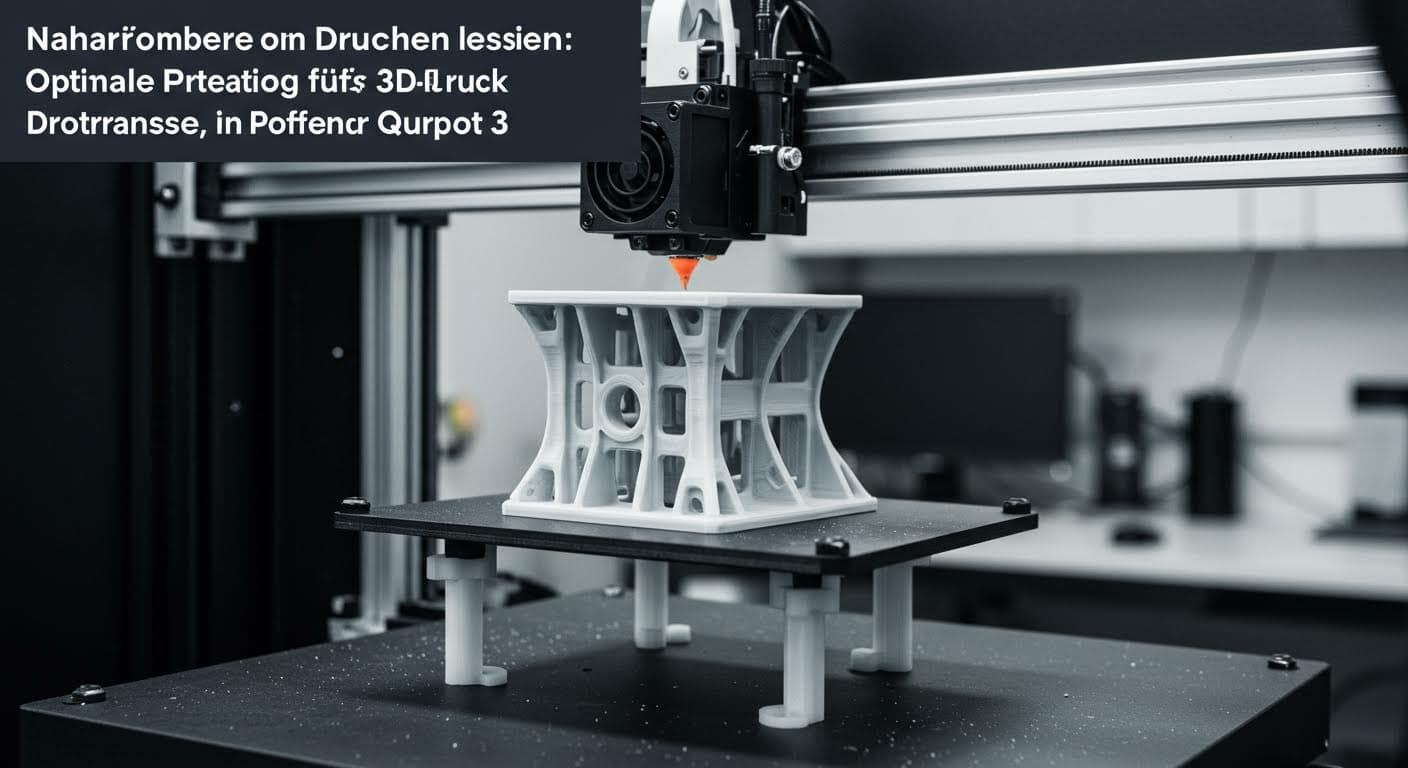 Nahaufnahme von Support-Strukturen, die ein überhängendes Bauteil stützen, während des Druckprozesses, in professioneller Qualität.