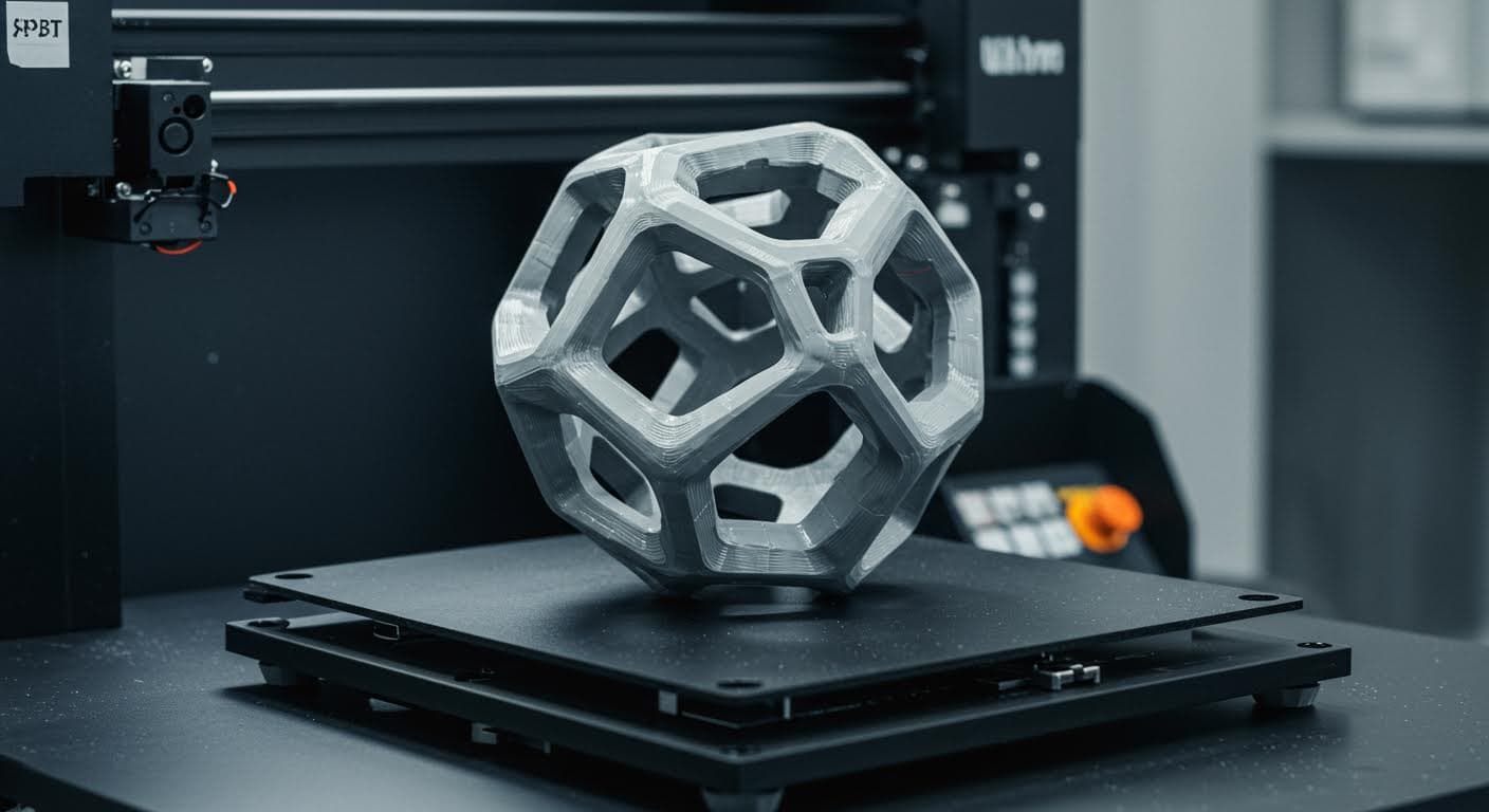 Industriefotografie eines fertigen 3D-Modells nach Entfernung der Supports, mit glatter Oberfläche und komplexer Geometrie.