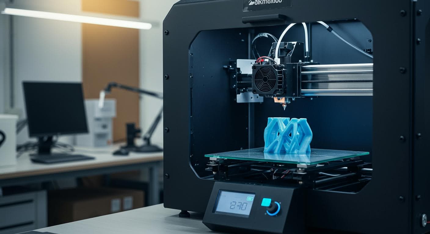 Professionelle Nahaufnahme eines FDM-3D-Druckers, der ein thermoplastisches Filament extrudiert und schichtweise ein Objekt aufbaut, in hoher Auflösung ohne jegliche Text- oder Logo-Elemente.