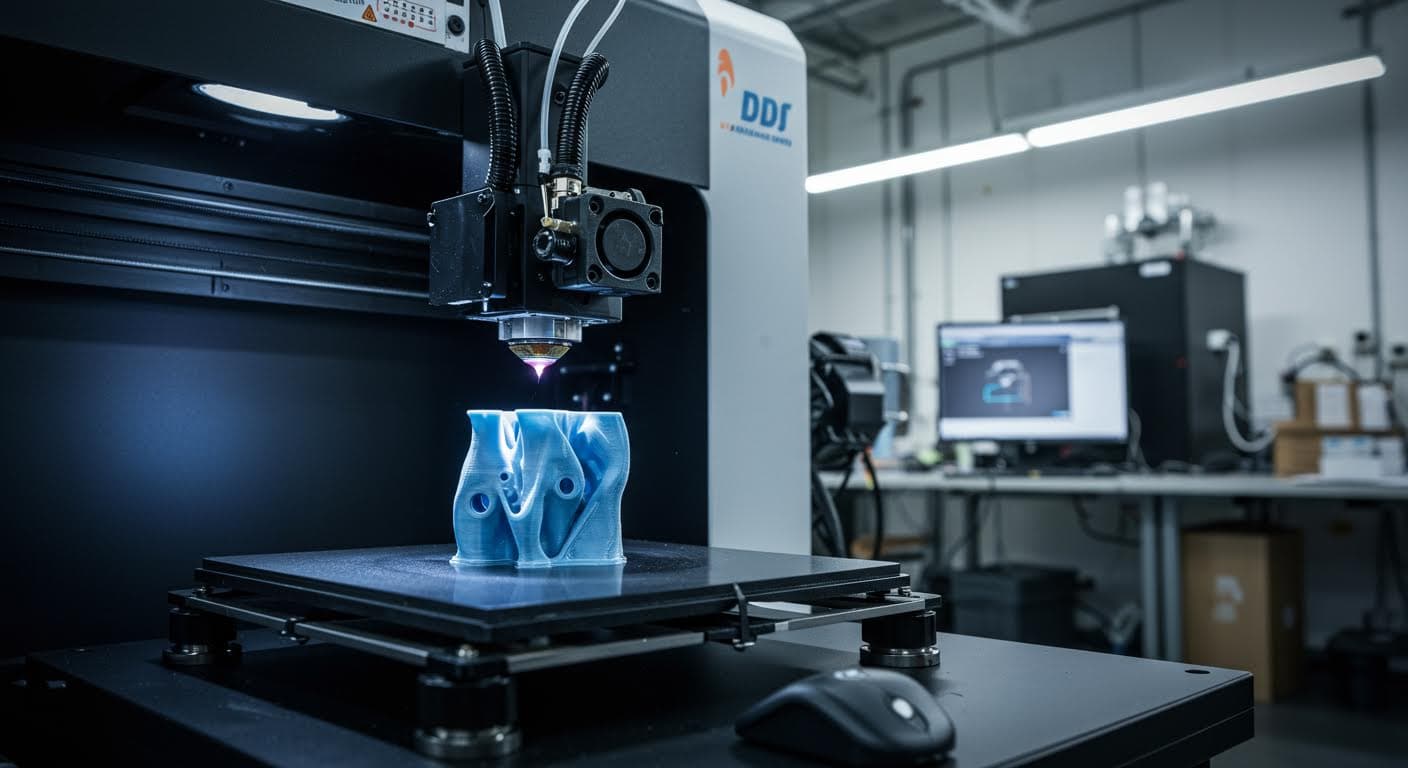 Hochauflösendes Bild eines SLA-Druckers mit UV-Laser, der flüssiges Harz in einem Becken härtet, fokussiert auf die technische Ausrüstung und das entstehende Modell.