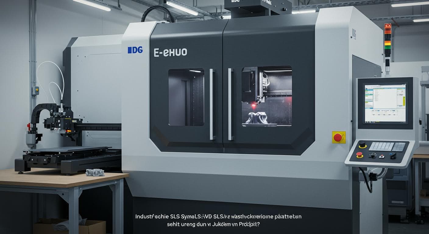 Industriefotografie eines SLS-Systems mit Laser, der Pulver sintert, zeigt das Pulverbett und den Aufbauprozess rein visuell.