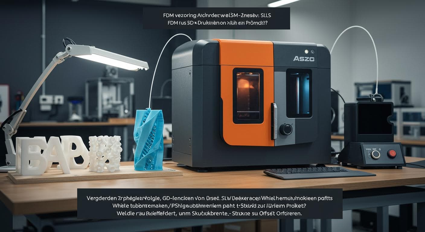 Vergleichende Aufnahme von 3D-gedruckten Objekten aus FDM, SLA und SLS, nebeneinander platziert, um Unterschiede in Struktur und Oberfläche zu demonstrieren.
