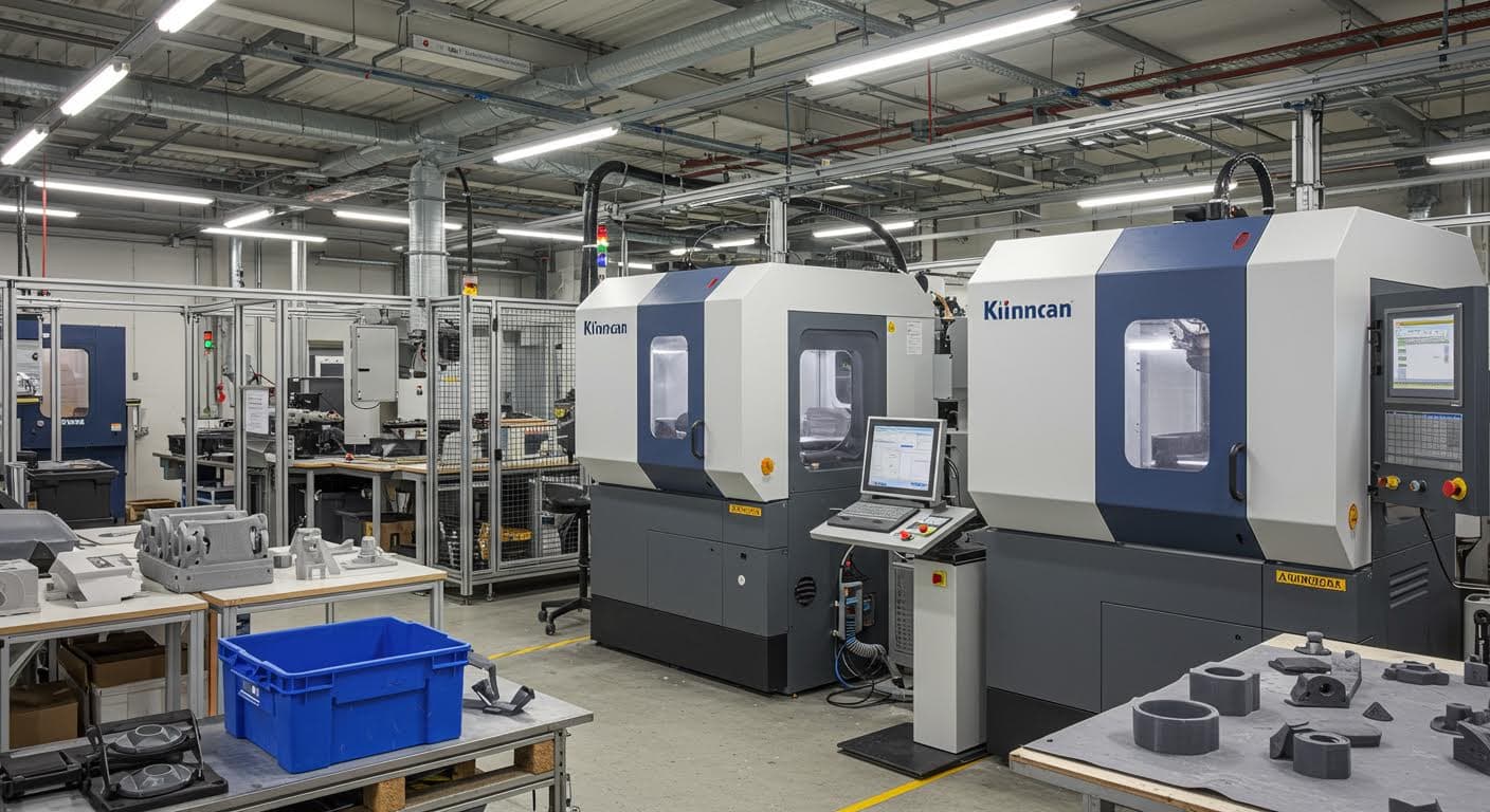 Szene einer industriellen Fertigungsanlage in Baden-Württemberg, mit 3D-Druckmaschinen und fertigen Teilen, ohne Beschriftungen.